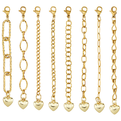 8pcs 8 styles 304 rallonge de chaîne en acier inoxydable, avec des fermoirs en forme de pince de homard et des pendentifs en forme de cœur en laiton, y compris un chiffon de polissage en daim, pochettes à rabat pour bijoux en velours