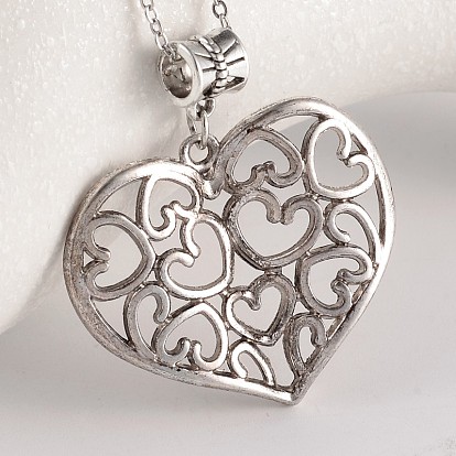 Сердце тибетский стиль сплава европейские висячие подвески, Подвески с большими отверстиями, 17~38x13~36x2~10.5 мм, отверстие : 4.5 мм