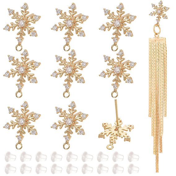 10Pcs Brass Cubic Zirconia Stud Earring Findings, with 925 Sterling Silver Pins and Horizontal Loops, Nickel Free, Snowflake, with 30Pcs Plastic Ear Nuts