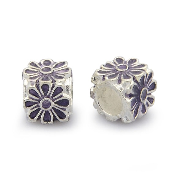Silver Color Plated Alloy Enamel European Beads, Large Hole Beads, Cube with Flower Pattern, 8x8x8mm, Hole: 5mm