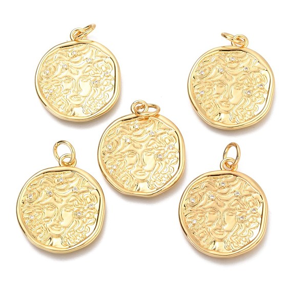 Brass Micro Pave Clear Cubic Zirconia Pendants, with Jump Rings, Flat Round with Human