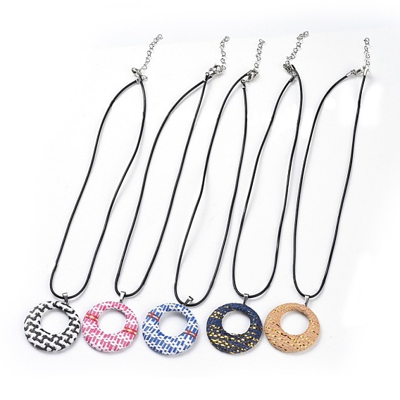 Colliers tissés en raphia, avec cordon en cuir de vachette et accessoires 304 en acier inoxydable, plat rond
