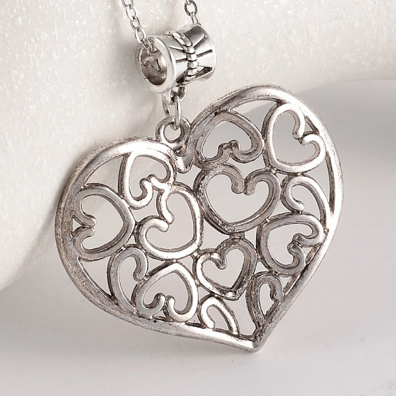 Сердце тибетский стиль сплава европейские висячие подвески, Подвески с большими отверстиями, 17~38x13~36x2~10.5 мм, отверстие : 4.5 мм