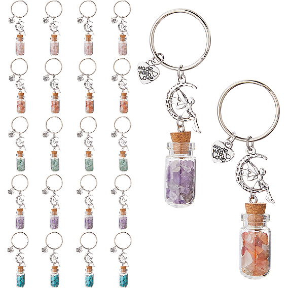 20 шт. 5 стили стеклянные подвесные брелки в виде бутылки с пожеланиями, с бусинами из натурального зеленого авантюрина, розового кварца, сердолика, аметиста и синтетической бирюзы внутри и железными разъемными брелоками, старинное серебро и платина