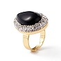 Natural Obsidian Adjustable Ring with Crystal Rhinestone, Brass Chunky Ring for Women, Golden