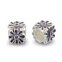 Silver Color Plated Alloy Enamel European Beads, Large Hole Beads, Cube with Flower Pattern, 8x8x8mm, Hole: 5mm
