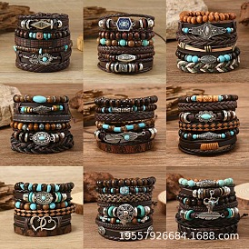 Браслеты из дерева и синтетической бирюзы, эластичные браслеты из сплава с синтетической бирюзой, а также ретро-браслеты из искусственной кожи для мужчин
