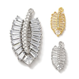 Brass Micro Pave Cubic Zirconia Pendants, Long-Lasting Plated, Cadmium Free & Lead Free, Leaf