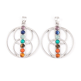 Chakra Natural Tiger Eye & Natural Lapis Lazuli & Natural Carnelian & Synthetic Turquoise & Glass Pendants, Rack Plating Alloy Flat Round Charms, Long-Lasting Plated, Lead Free & Cadmium Free