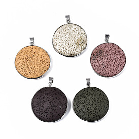 Synthetic Lava Rock Pendants, with Platinum Tone Brass Findings, Dyed, Flat Round