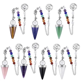 Gemstone Cone Pointed Dowsing Pendulums, with 7 Chakra Stone Beads and Aum/Ohm Charms, for Dowsing and Divination