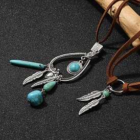 Bohemian Style Alloy Feather & Synthetic Turquoise Pendant Necklaces for Women, Velvet Cord Necklaces for Women