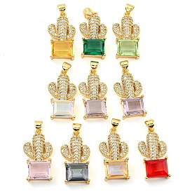 Rack Plating Brass Micro Pave Clear Cubic Zirconia Pendants, with Glass, Long-Lasting Plated, Cadmium Free & Lead Free, Real 18K Gold Plated, Cactus Charms