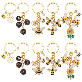 10Stück 5Stile Legierung Emaille Schlüsselanhänger, Bienen, mit Eisenringen, golden