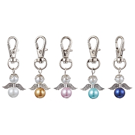 5Pcs 5 Colors Angel Glass Pearl Pendant Decoraiton, with Alloy Swivel Lobster Claw Clasps