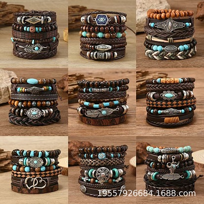 Браслеты из дерева и синтетической бирюзы, эластичные браслеты из сплава с синтетической бирюзой, а также ретро-браслеты из искусственной кожи для мужчин