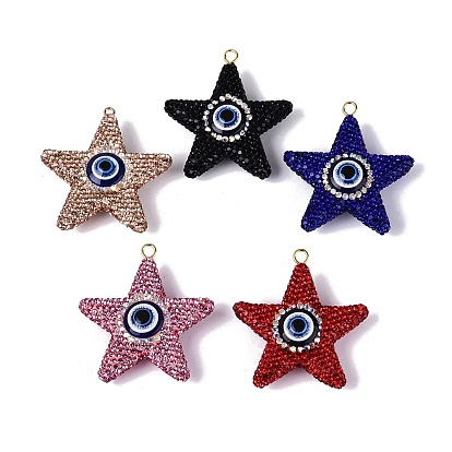 Большие подвески ручной работы из полимерной глины, стразов и смолы., амулеты в виде звезды и сглаза, с железными петлями, золотой свет