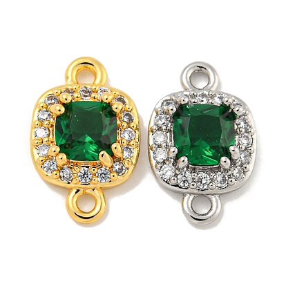 Brass Pave Clear & Green Cubic Zirconia Connector Charms, Cadmium Free & Nickel Free & Lead Free, Square Links