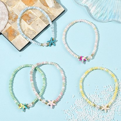 Ocean Starfish Dyed Synthetic Turquoise Ombre Effect Dyed Glass Beaded Stretch Bracelets with Shell Pearl, Golden