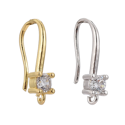 4 Pair 2 Style Brass Micro Pave Clear Cubic Zirconia Earring Hooks, Ear Wire, with Horizontal Loop