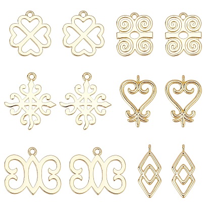 12Pcs 6 Style Brass Pendants, Long-Lasting Plated, Adinkra Symbols