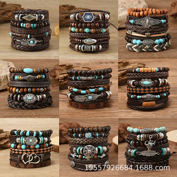 Браслеты из дерева и синтетической бирюзы, эластичные браслеты из сплава с синтетической бирюзой, а также ретро-браслеты из искусственной кожи для мужчин