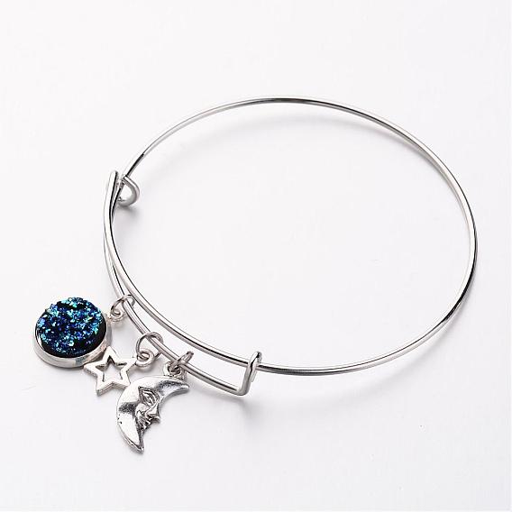 Adjustable Iron Bangles, Charm Bangles, with Brass Resin Charm and Tibetan Style Findings, Star with Moon, 63mm