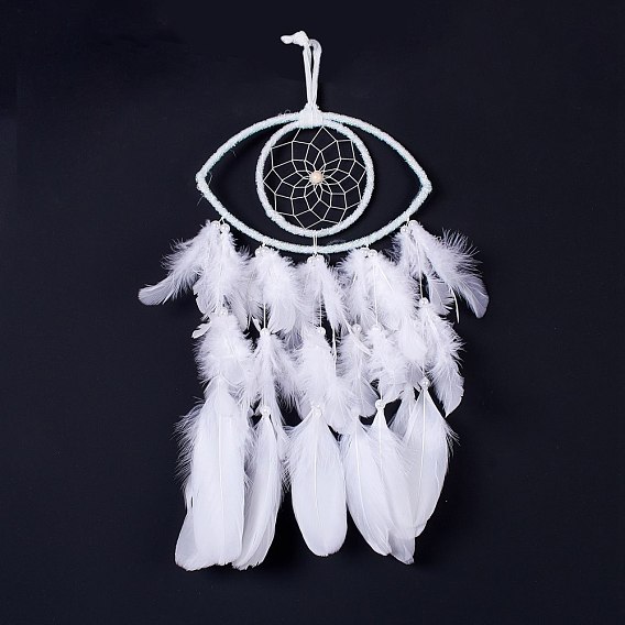 Handmade Eye Woven Net/Web with Feather Wall Hanging Decoration, with Wooden/Plastic Beads, for Home Offices Amulet Ornament