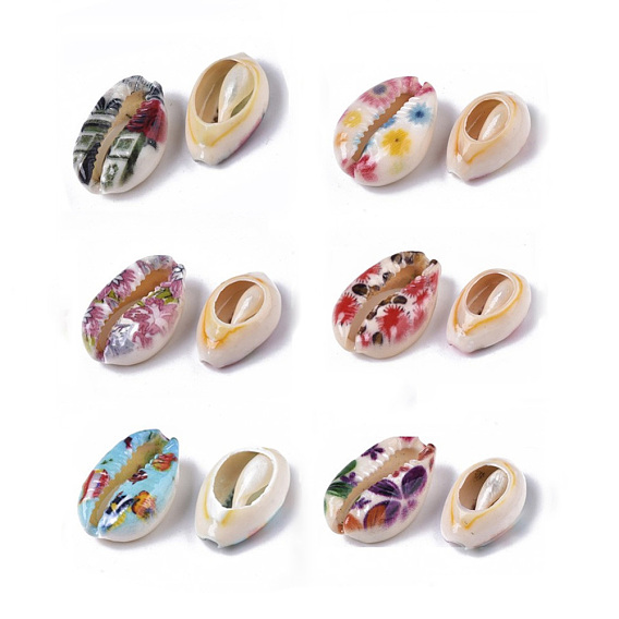 Perles de coquillage cauri naturel imprimées, pas de trous / non percés, avec motif de fleurs