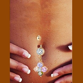 Piercing Jewelry, Brass Cubic Zirconia Navel Ring, Belly Rings, with Surgical Stainless Steel Bar, Cadmium Free & Lead Free, Flower