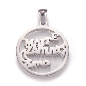 304 Stainless Steel Pendants, Laser Cut, for Mother's Day, Flat Round with Word Spanish Mom