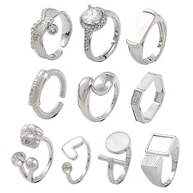 10Pcs 10 Styles Brass Adjustable Rings & Open Cuff Rings Set, with Natural Shell for Women, Long-Lasting Plated