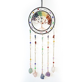 7 Натуральные смешанные каменные крошки чакр, плетеная сетка/паутина с подвесными украшениями из перьев., настенное украшение для домашнего декора