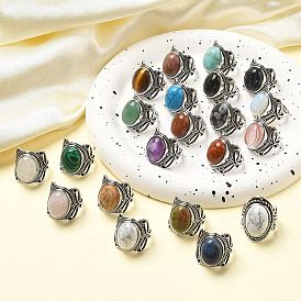 Natural & Synthetic Gemstone Adjustable Rings, Lead Free & Cadmium Free, Antique Silver Plated Brass Finger Rings for Women, Oval