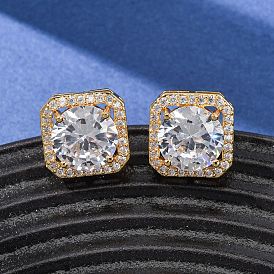 Серьги-гвоздики из латуни с микропаве из кубического циркония для женщин, квадратный восьмиугольник