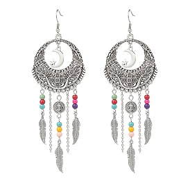 Alloy Moon Web with Feather Chandelier Earrings, Saint Benedict Medal
 & Synthetic Turquoise Beaded Long Drop Earrings for Women