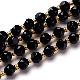 Natural Black Onyx Beads Strand, with Seed Beads, Six Sided Celestial Dice