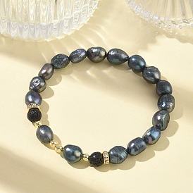 Эластичные браслеты для женщин из натурального культивированного пресноводного жемчуга и бусин из вулканической породы., картофель, С немагнитным синтетическим гематитом