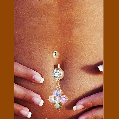 Piercing Jewelry, Brass Cubic Zirconia Navel Ring, Belly Rings, with Surgical Stainless Steel Bar, Cadmium Free & Lead Free, Flower