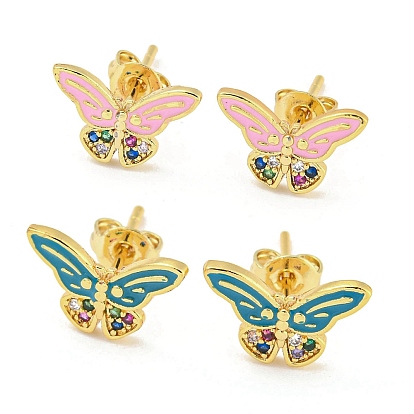 Pendientes de botón de latón dorado con forma de mariposa, con esmalte y óxido de circonio cúbico