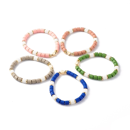 Handmade Polymer Clay Beads Stretch Bracelets, with Brass Beads, Heart
