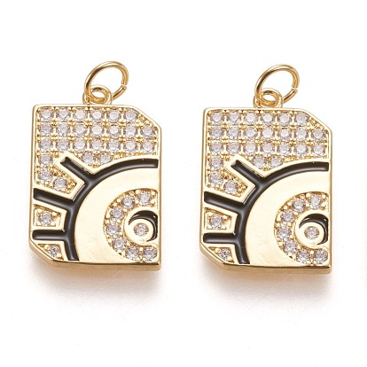 Brass Cubic Zirconia Pendants, with Enamel and Jump Rings, Long-Lasting Plated, Rectangle with Eye