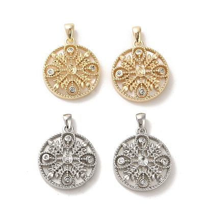 Brass Micro Pave Cubic Zirconia Pendants, Cadmium Free & Nickel Free & Lead Free, with Shell, Flat Round