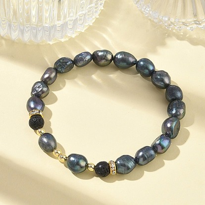 Эластичные браслеты для женщин из натурального культивированного пресноводного жемчуга и бусин из вулканической породы., картофель, С немагнитным синтетическим гематитом