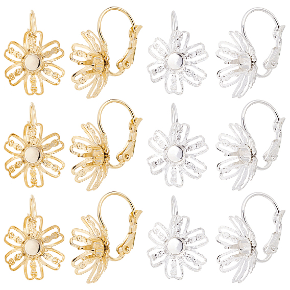 12Pcs 2 Colors 304 Stainless Steel Leverback Earring Findings, Earring Settings, Flower