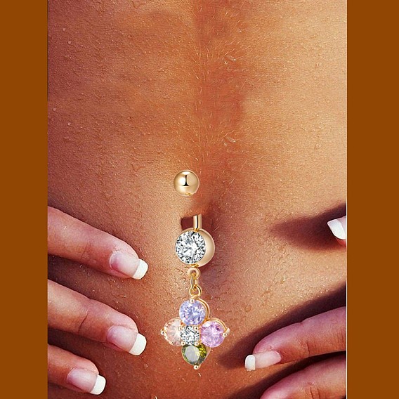 Piercing-Schmuck, Messing Zirkonia Nabel Ring, Bauchringe, mit chirurgischem Edelstahlstab, cadmiumfrei und bleifrei, Blume