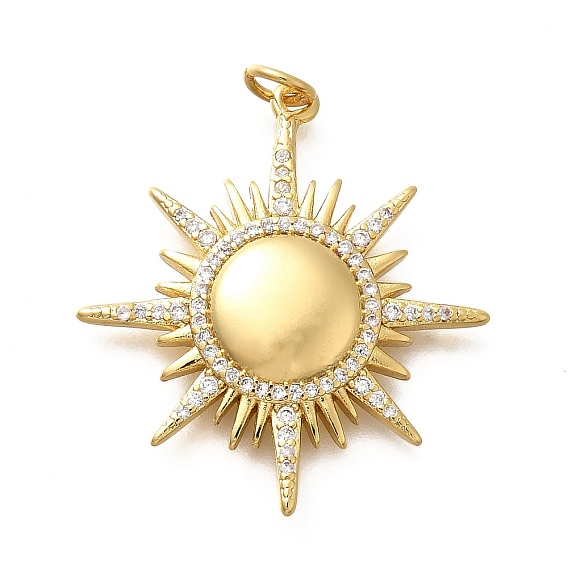 Brass Micro Pave Cubic Zirconia Pendants, Sun Charms, Cadmium Free & Lead Free, Long-Lasting Plated, with Jump Ring
