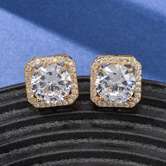 Brass Micro Pave Cubic Zirconia Stud Earrings for Women, Square Octagon
