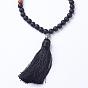 Natural Gemstone and Wood Mala Beads Necklaces, with Alloy Buddha Beads and Tassels Pendants