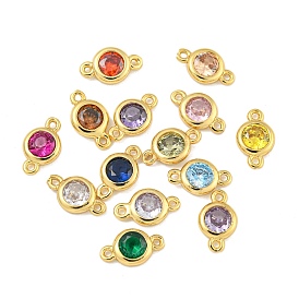 Rack Plating Brass Pave Cubic Zirconia Flat Round Links Connector Charms, Long-Lasting Plated, Lead Free & Cadmium Free, Real 18K Gold Plated